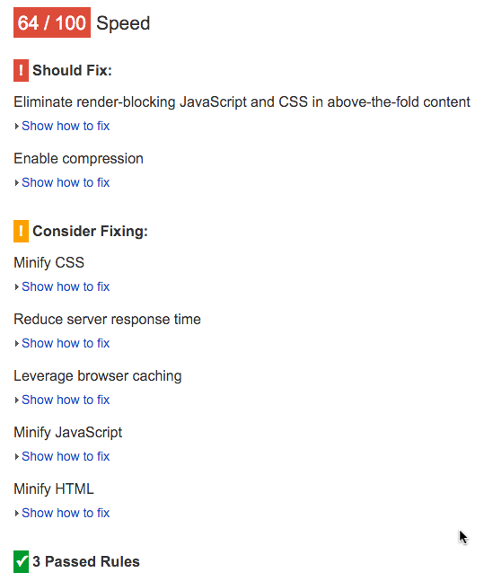 Google Pagespeed Insight results with default WordPress